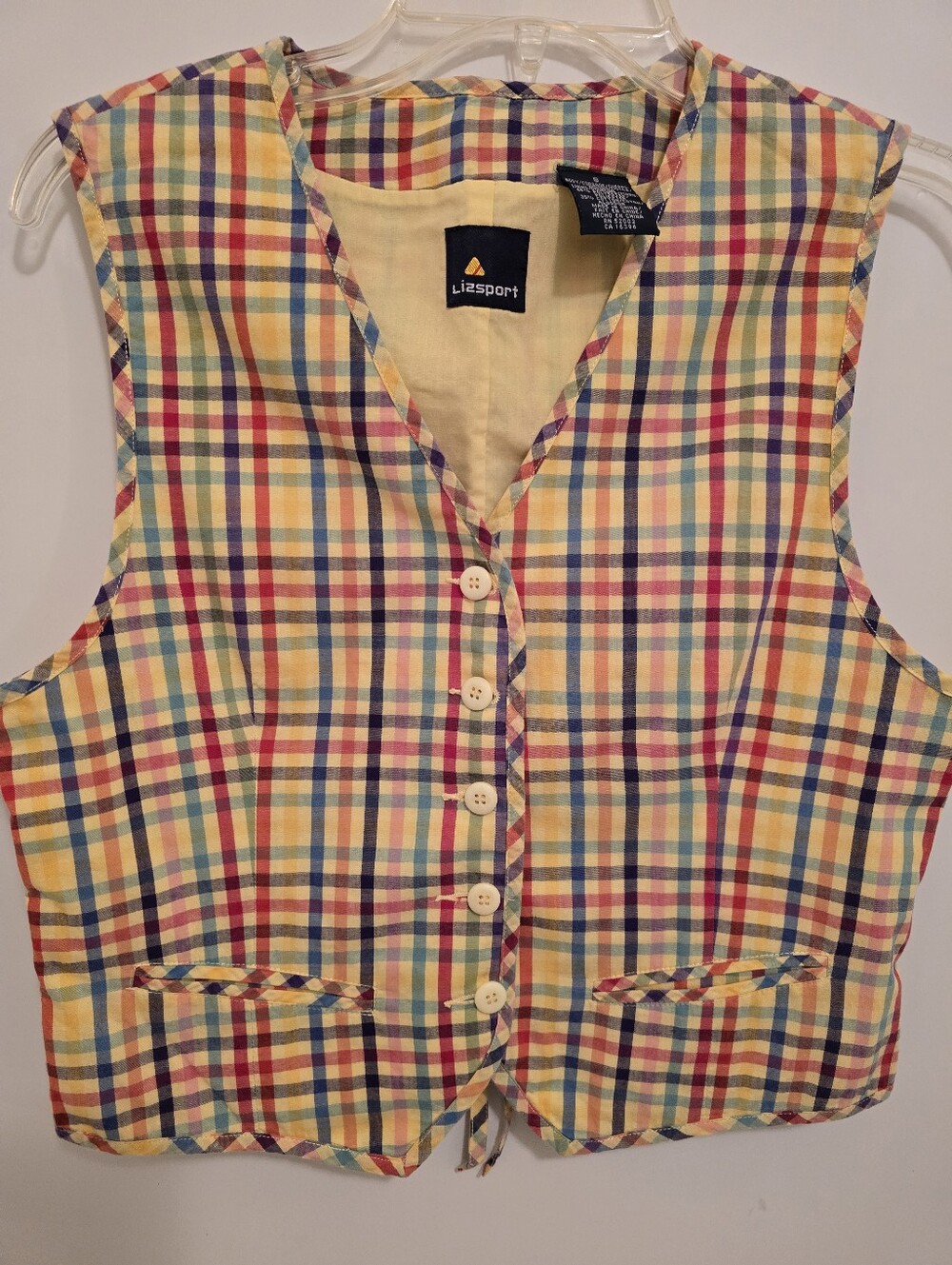 Lizsport Small Yellow Multi-Color Plaid Sleeveless Vest